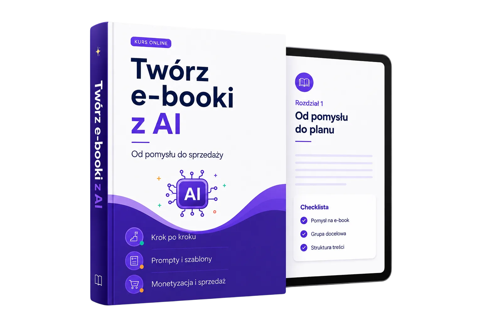 Makieta kursu „Twórz e-booki z AI” od E-SCALE - okładka i podgląd rozdziału
